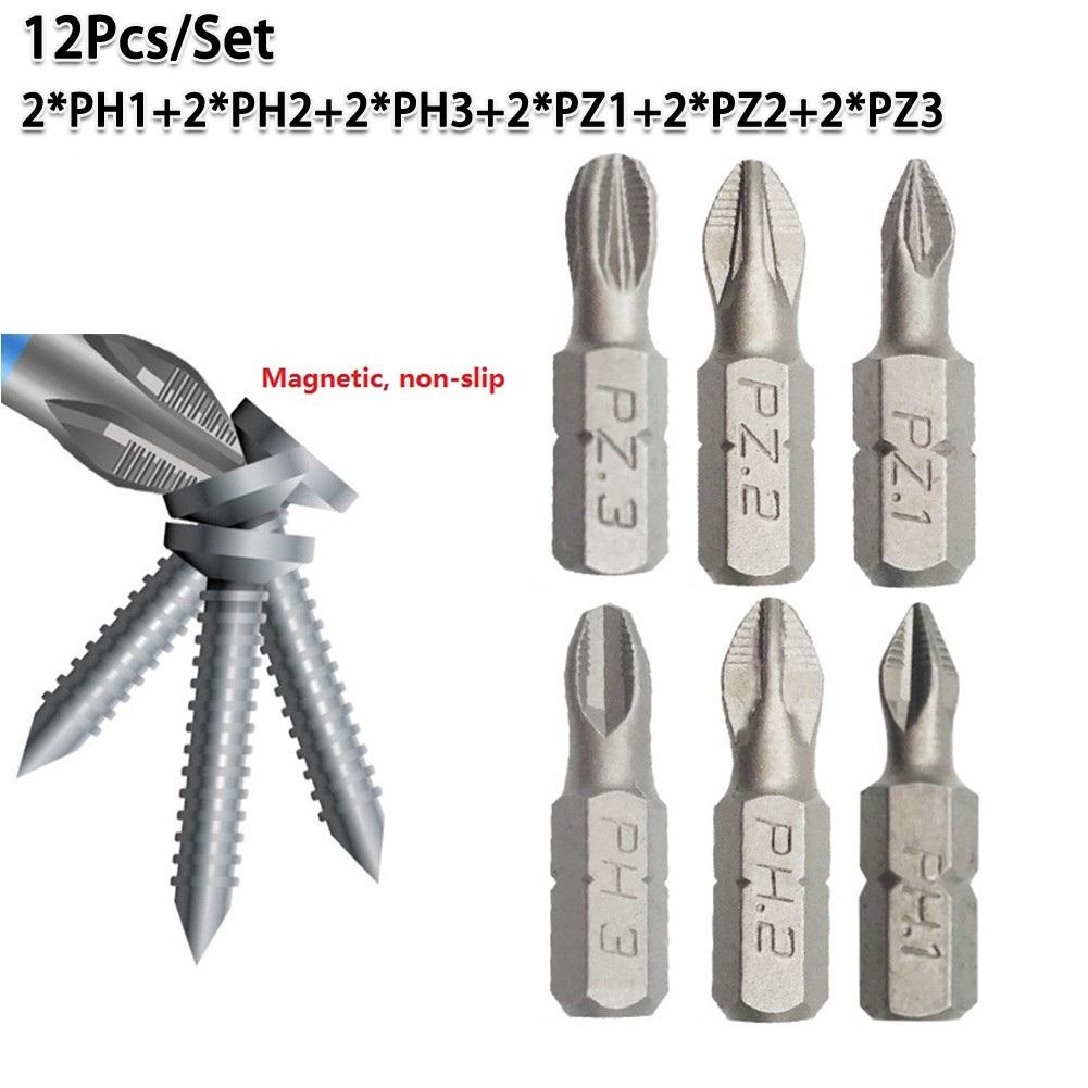12 PCS/Lot 25mm Cross Bits Set Hex Shanked Anti Slip Screwdriver Bits Magnetic Non-Slip Drill Batch Head PH1/PH2/PH3/PZ1/PZ2/PZ3