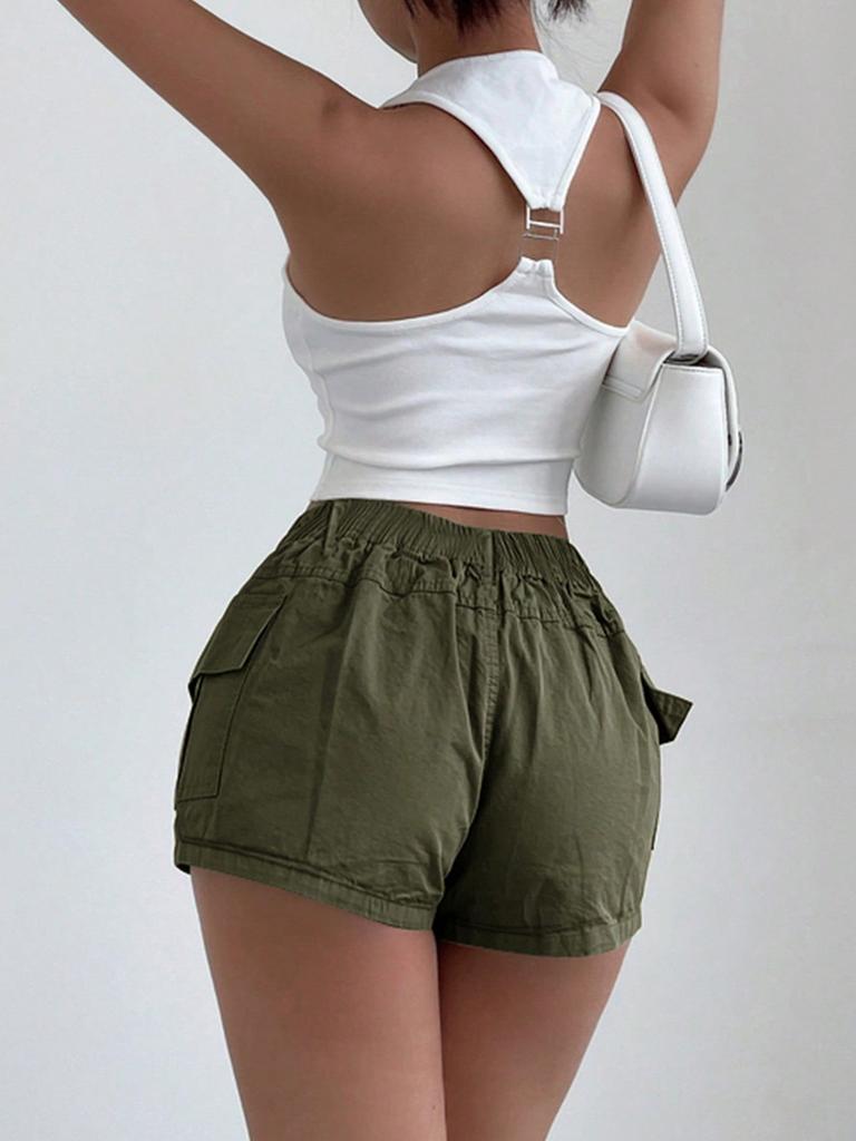 Rose Beauty A Damen-Y2K-Street-Cargo-Shorts mit elastischer Taille und Klapptasche an der Seite, einfarbig, einfache, lässige Shorts für den Alltag