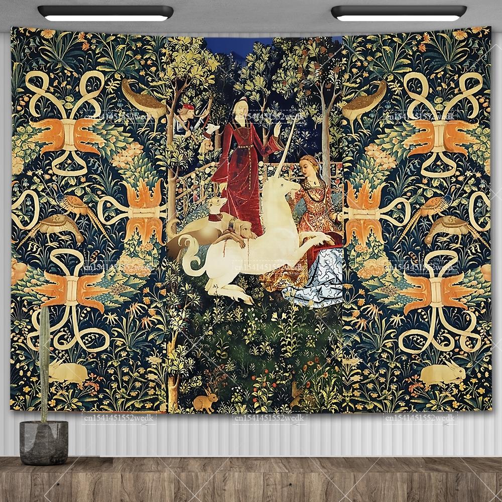Гобелен «Леди и единорог» Средневековый гобелен Настенный гобелен Печатный домашний декор Гобелены Фоновое покрытие для комнаты Для кровати 30X40in 76x102cm