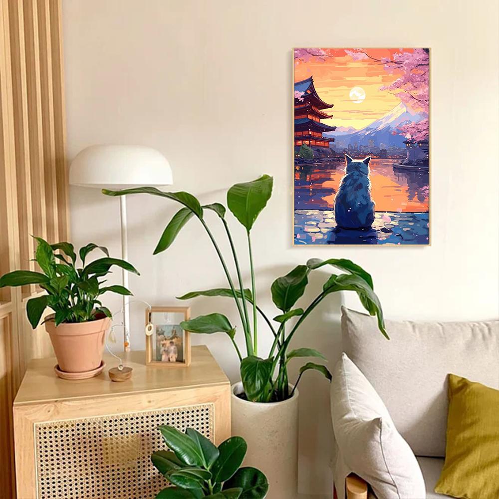 5D Diamant Malerei Neuheiten Katze Tempel Voll Platz Runde Stickerei Mosaik Sonnenuntergang Landschaft Home Decor