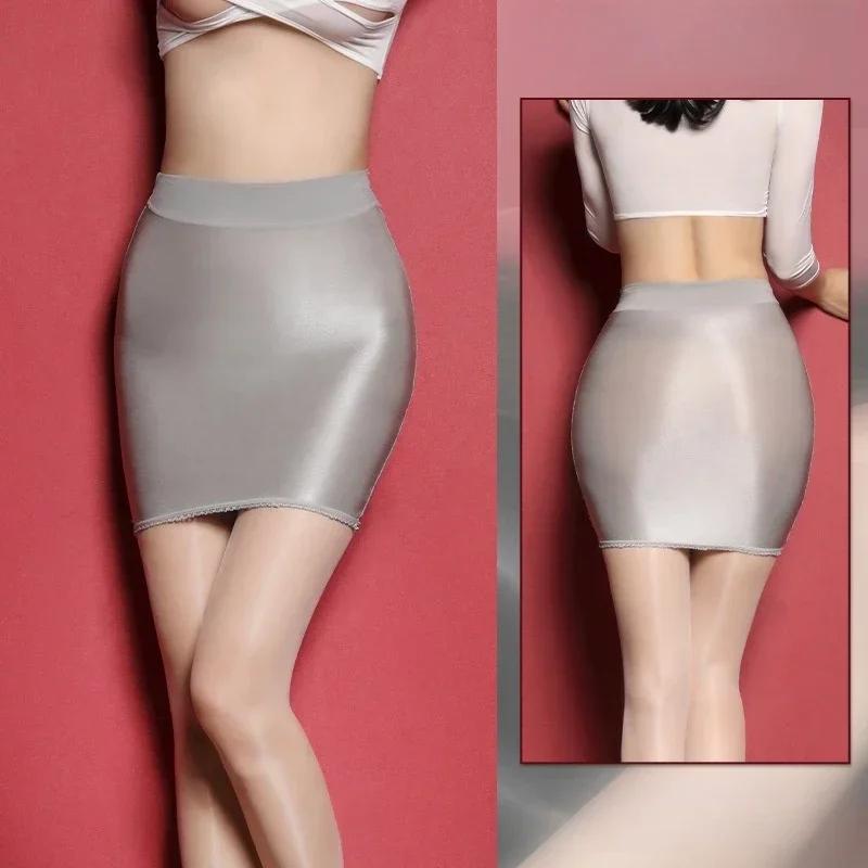 Elastic Shiny See Through Short Mini Skirts Sexy Package High Wiast Tight Black White Wrap Hips Pencil Skirt For Woman Plus Size