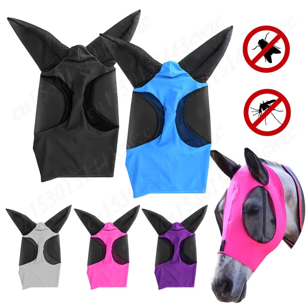 Horse Face Mask Anti Fly Stretchy Knitted Mesh Mask Breathable Anti Mosquito Mask Ear Protection Fly Mask Bonnet Net Anti-Worms