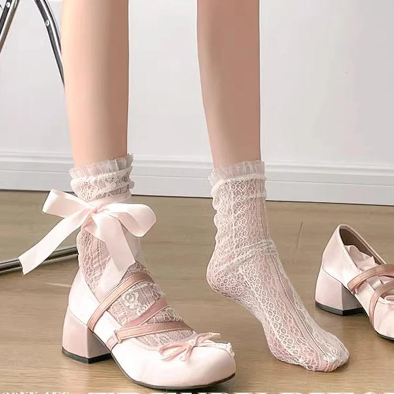 Fashion Lolita Cross Strap Pink Round Toe Shoes Ladies Sweet Butterfly Knot Med Heels Mary Janes Shoes Women Fashion Party Shoes Mujer