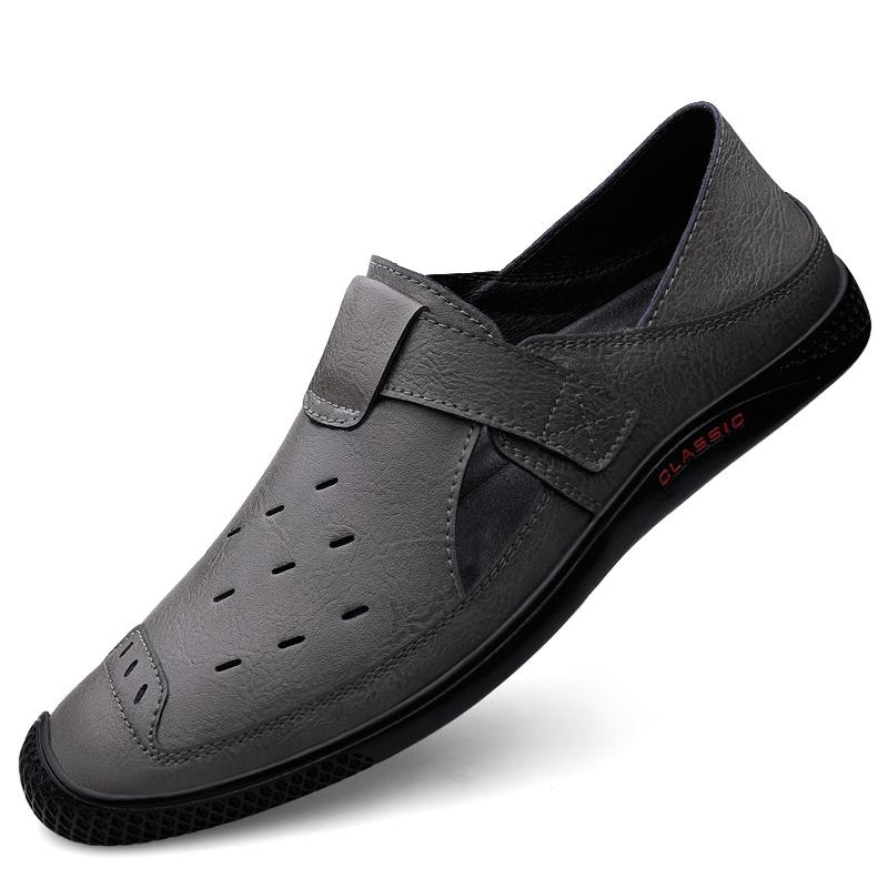 Fashion Non-Slip Man Hollow Out Sandals Genuine Leather Mens Casual Summer Flats Outdoor Loafers Leather Beach Shoes for Men Roman Shoes