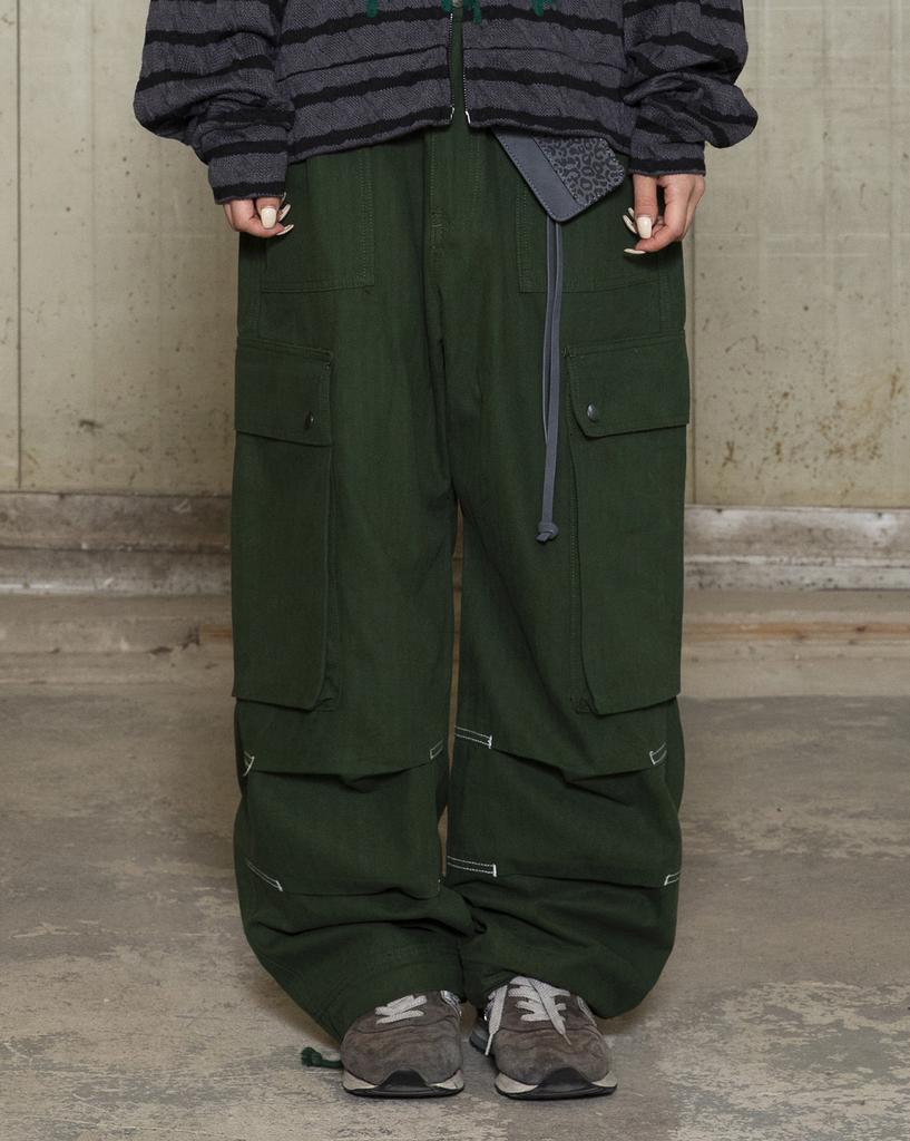 GLACK Gp172 Loose Cargo Herringbone Cotton Pants (Olive)