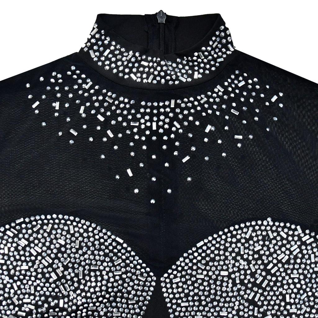 European and American Fashion Women's Solid Color Mesh Rhinestone Long Sleeve Mini Dress