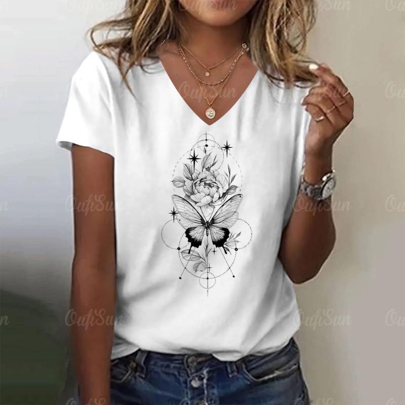 Neues Damen-T-Shirt Schlichter Grafikdruck Übergroße Damen-Trendbekleidung Mode Kurzarmshirt Damen V-Ausschnitt Bluse 2024