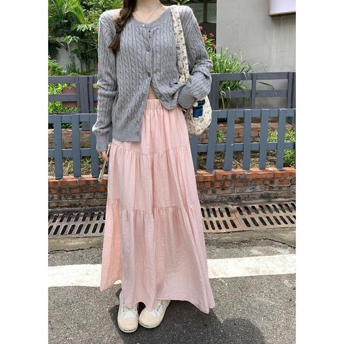 Sweet Petite Slimming Pleated Long Skirt: Lined, Layered, Solid Color, Waist-Cinching Half-Skirt for Women