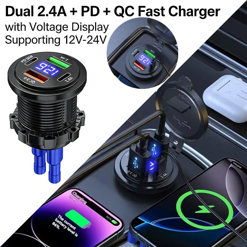 

12V-24V car charger dual 2.4A+PD+QC one to four modified car charger with voltage display suitable for cars yachts and buses чорний