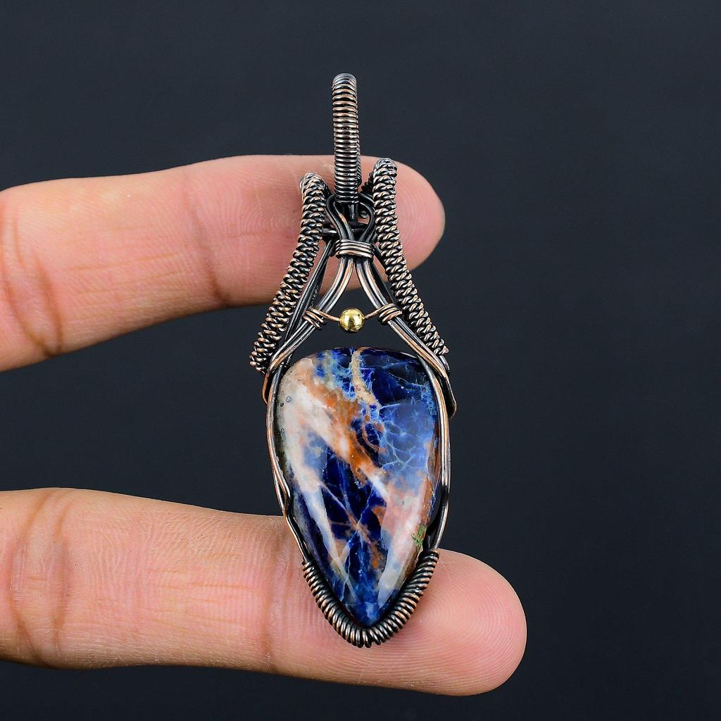 Orange Sodalite Gemstone Pure Copper Wire Wrapped Handmade Pendant Jewelry For Her
