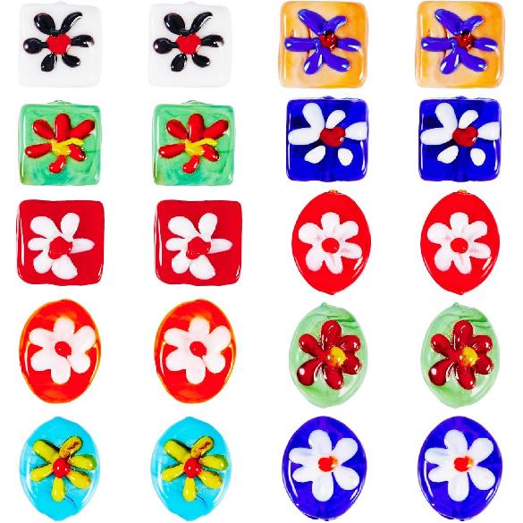 20 Stück Oval Quadratisch Blumenmuster Handgefertigt Lampwork Perlen Bunt Millefiori Lampwork Glasperlen Niedlich Floral Flach Oval Würfel Abstandsperlen für DIY