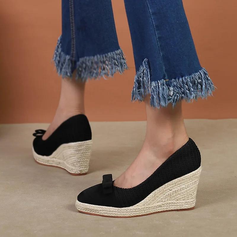 8cm Plus Size 34-42 Breathable Shallow Flock Platform Wedges Shoes Women 2025 Fall Bow High Heels Pumps for Office Mom Dance