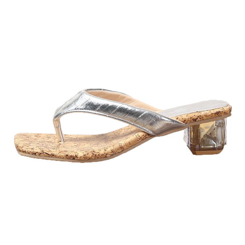 2025 summer new thick heel Roman sandals women wear black pinch flip-flops beach sandals women's shoes