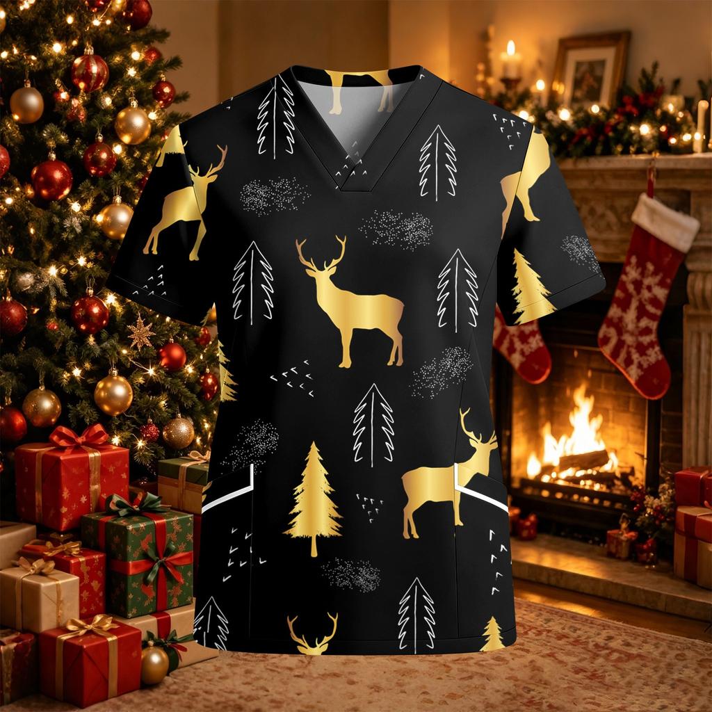 Women's Christmas Print Scrub Top V-Neck Short Sleeve Loose Fit with Pockets