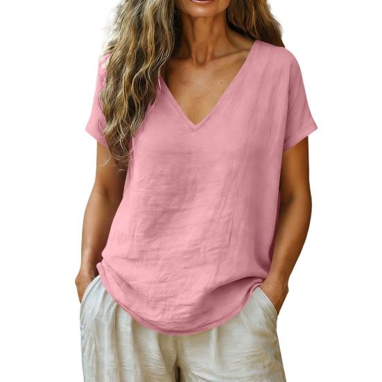 

Women Tops V-Neck Short Sleeve Loose Fit Tee Tops Pure Color Casual Summer Blouse Outdoor Travel Daily Wear XXL розовый