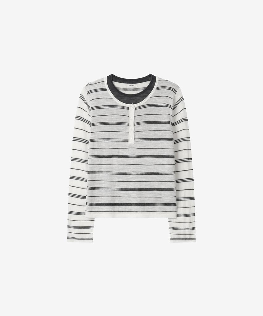 BASIKA Striped Layered Henley Neck Knit (White)