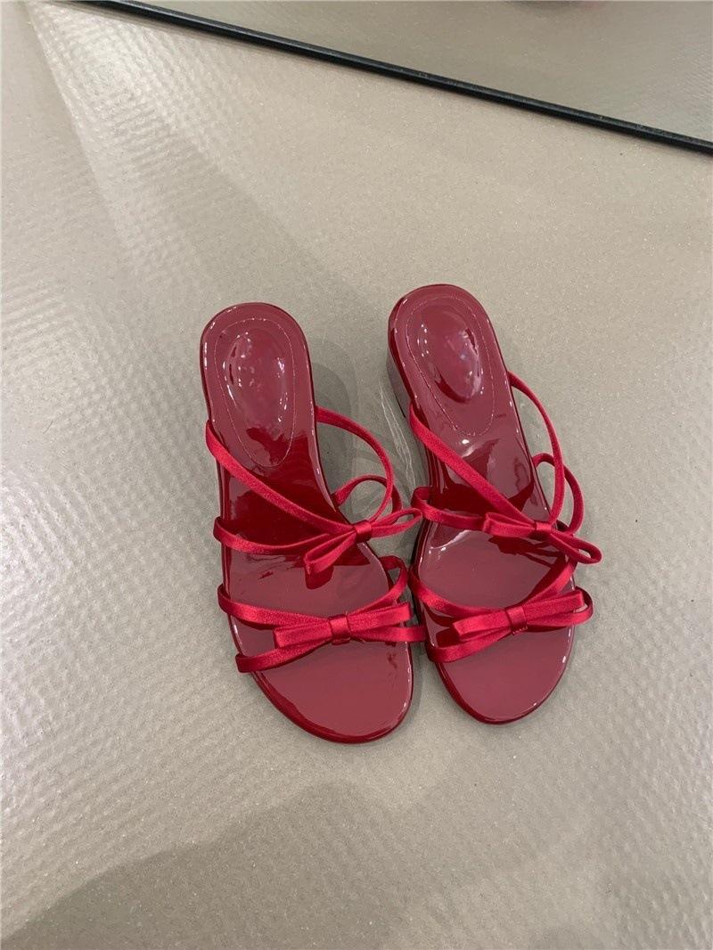 

Wedge heel gentle bow slippers summer new temperament elegant purple with skirt sandals 40 красный