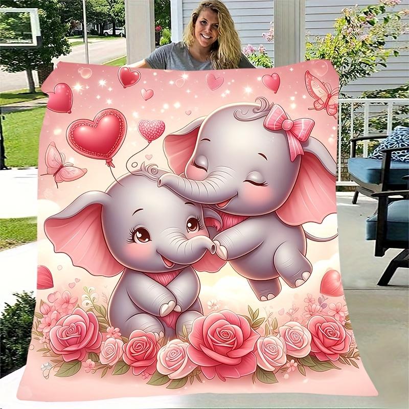 1pc Comfortable Romantic Cozy Cute Elephant Mother And Heart Rose Theme Pattern Flannel Blanket, Fashionable, Soft, Warm, All-Season Multifu