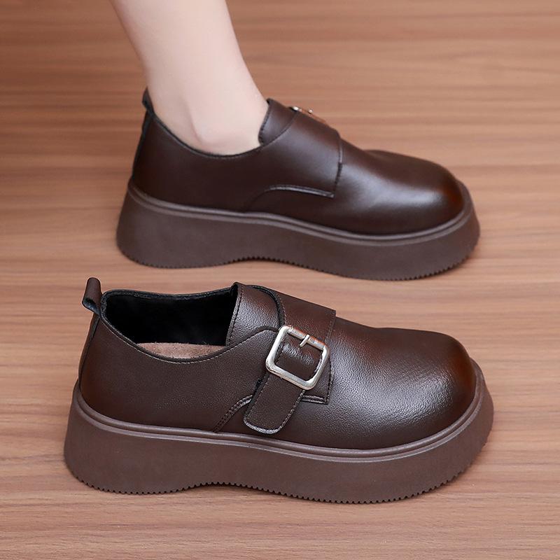 Fashion Versatile Retro Women's Loafers - One Foot Stirrup Thick Bottom Soft Elastic Height Increase Comfortable Popular Not Tired Leather Shoes