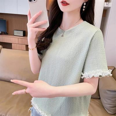 Hauts à Manches Courtes Wafflé avec Bordure en Dentelle pour Femmes T-shirts Blouse Décontractée