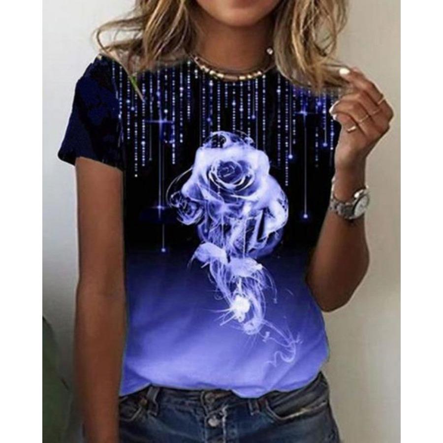 

Весна Лето Топы Новые женские Круглый вырез горловины Роза Принт Короткие рукава Футболка 5XL синий