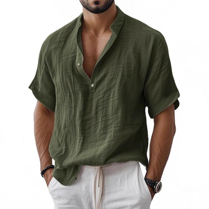 Men Mandarin Collar Short Sleeve Henley Shirt Crinkle Texture Casual Summer Top