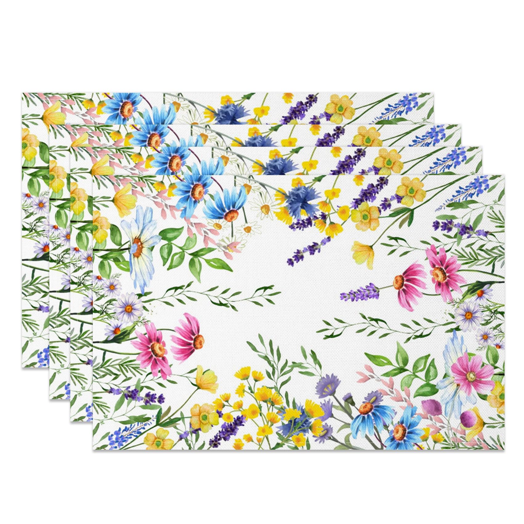

Vintage Herbs Wild Flowers Placemats Set of 6, 12x18 Inch Floral Garden Plants Linen Fabric Place Mats Seasonal Washable Summer Botanical Table Mats f 6pcs