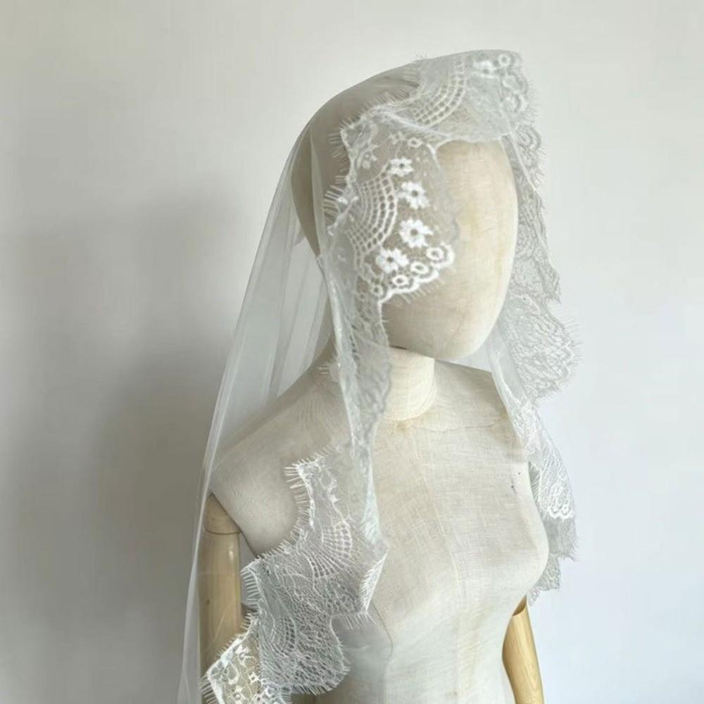 2M Long Bridal Headscarf Lace Edge Muslin Head Covering Elegant Wedding Veil Cathedral Wedding