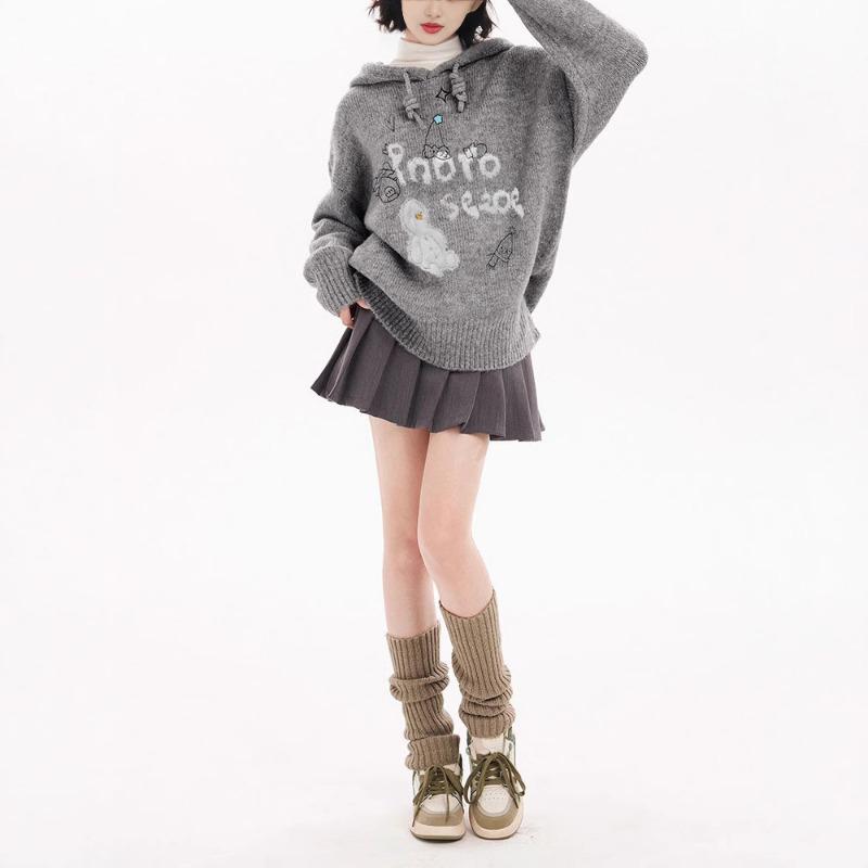 Grauer Kapuzenpullover Strickpullover Damen tragen im Herbst und Winter fauler kleiner Winter dicker Pullover Jacke