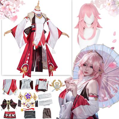 Genshin Impact Yae Miko Guuji Yae przebranie na karnawał Genshin Deguisement peruka sukienka strój imprezowy Halloween kostiumy dla kobiet