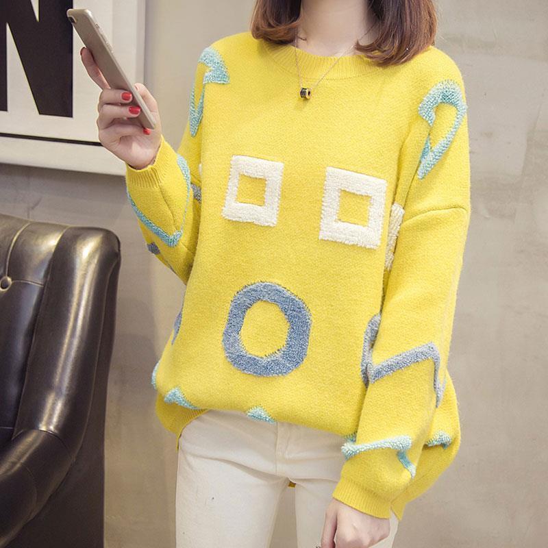 

Осень-зима женский свитер больших размеров свободный пуловер с принтом трикотажный повседневный круглый вырез трикотажный топ джемпер