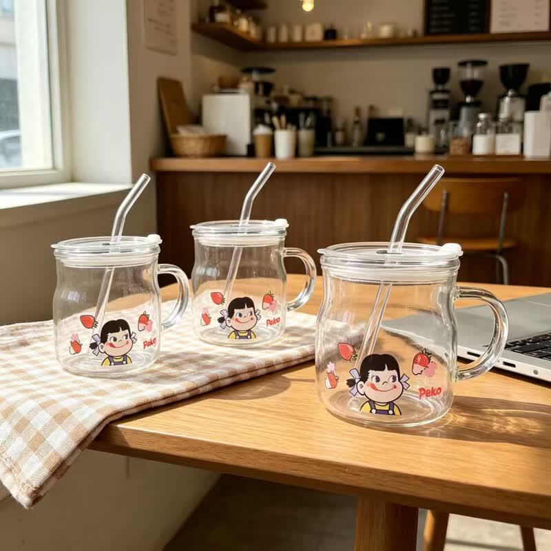 Cartoon Glass Tumbler with Handle, Straw, and Lid