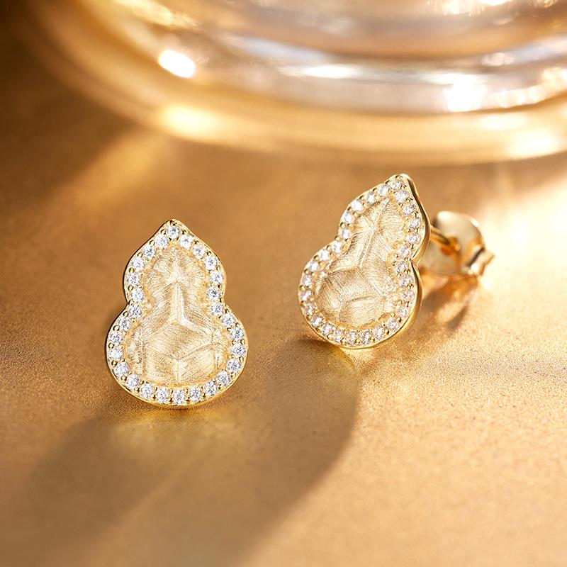 

Chinese brushed gourd stud earrings women s light luxury high-end sense S925 sterling silver earrings gold retro earrings 925 silver