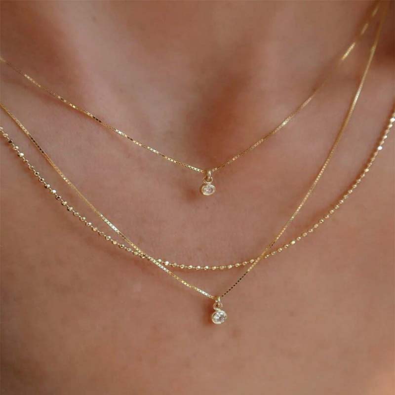 Boho Gold Color Round Crystal Pendant Necklace For Women Vintage Metal Multilayer Geometric Chain Necklace Jewelry Gift