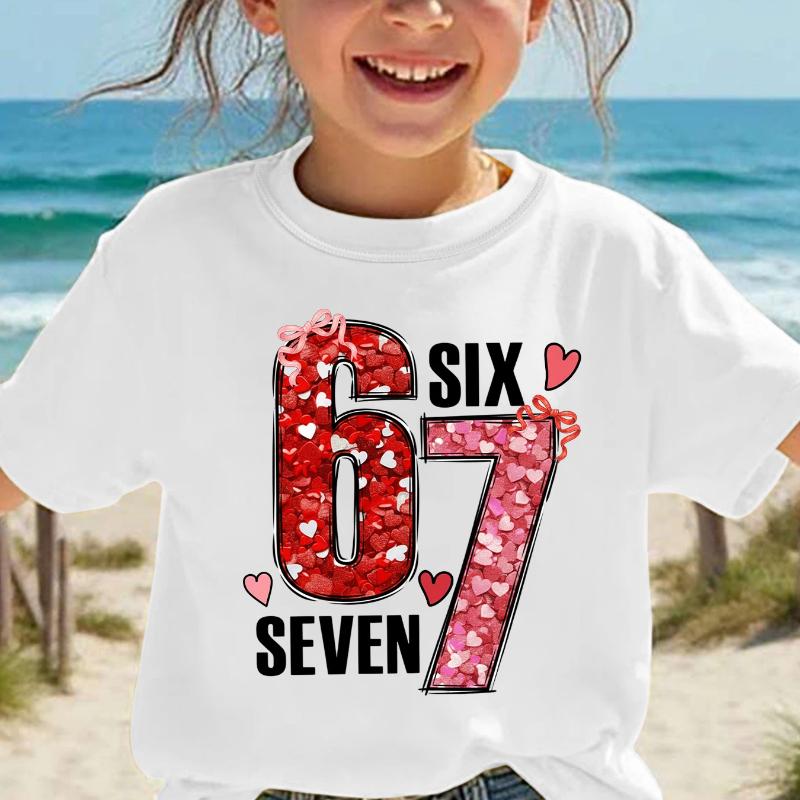 Valentine'S Day Summer Fashion Girls' Short Sleeve T-Shirt, Number Heart Cartoon Pattern Print Casual Versatile Top