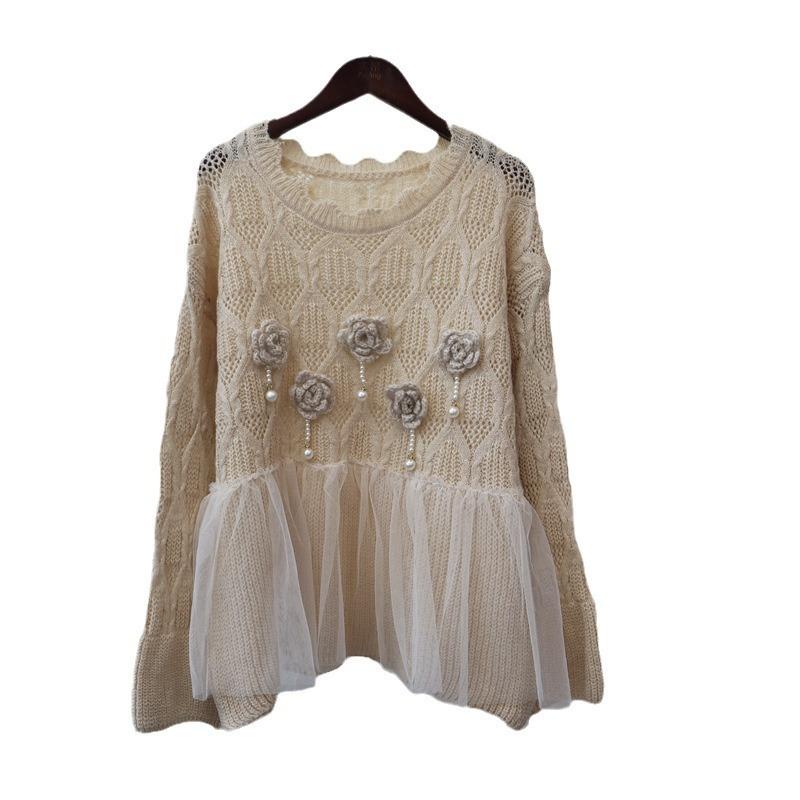 Splicing mesh three-dimensional flower knitted sweater top autumn and winter new design sweet sweater pullover woman