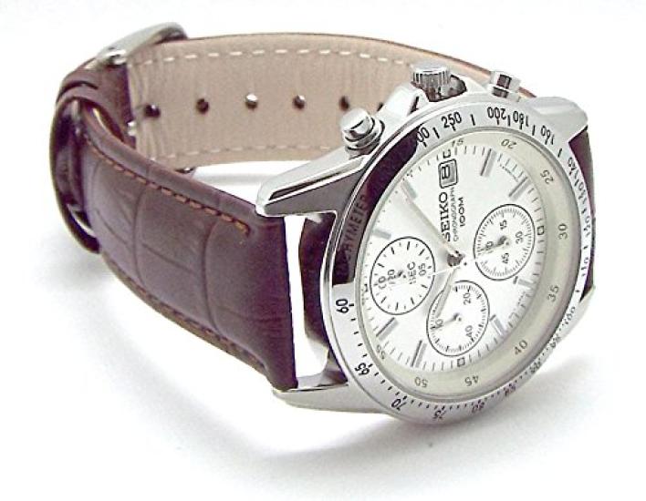 Seiko Chronograph Watch with Genuine Leather White and Deep Officially Distributed In Japan Strap, Brown, SND363P1-DB