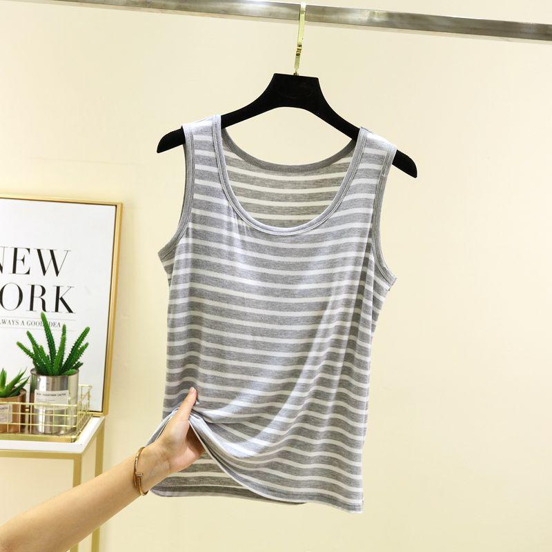 

Modal Stripes Vest with Chest Pad Shorts Women s Summer Thin Sleeveless Bottoming Top Loose-Fitting Loungewear Pajamas Suit Vest: light gray XL (55.00 kg-70.00 kg recommended