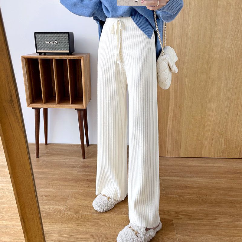 Thickened Pit Strip Pink Wide-leg Pants for Women in Autumn and Winter Elastic Loose Slim Casual Pants