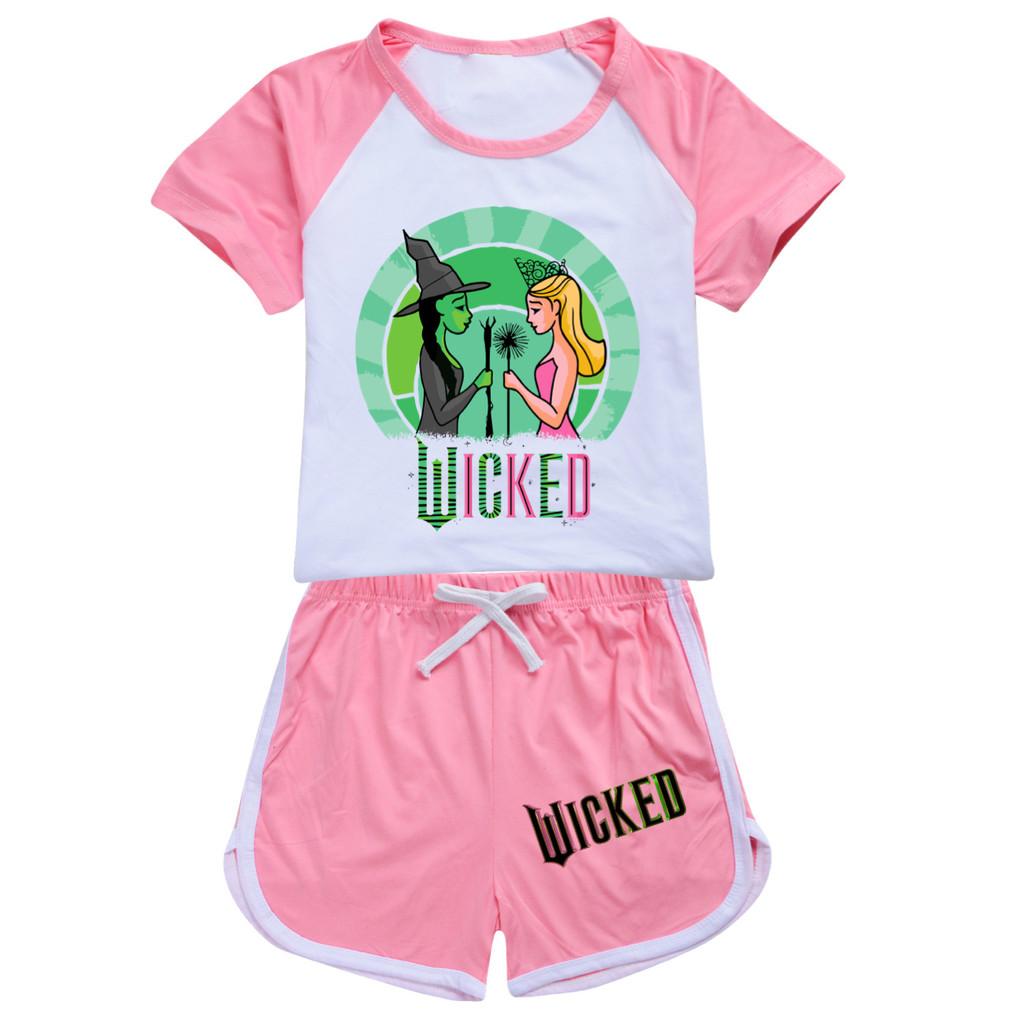 Kids Girls Witch Print Short Sleeves T-Shirt Shorts Pants Sport Clothes Set
