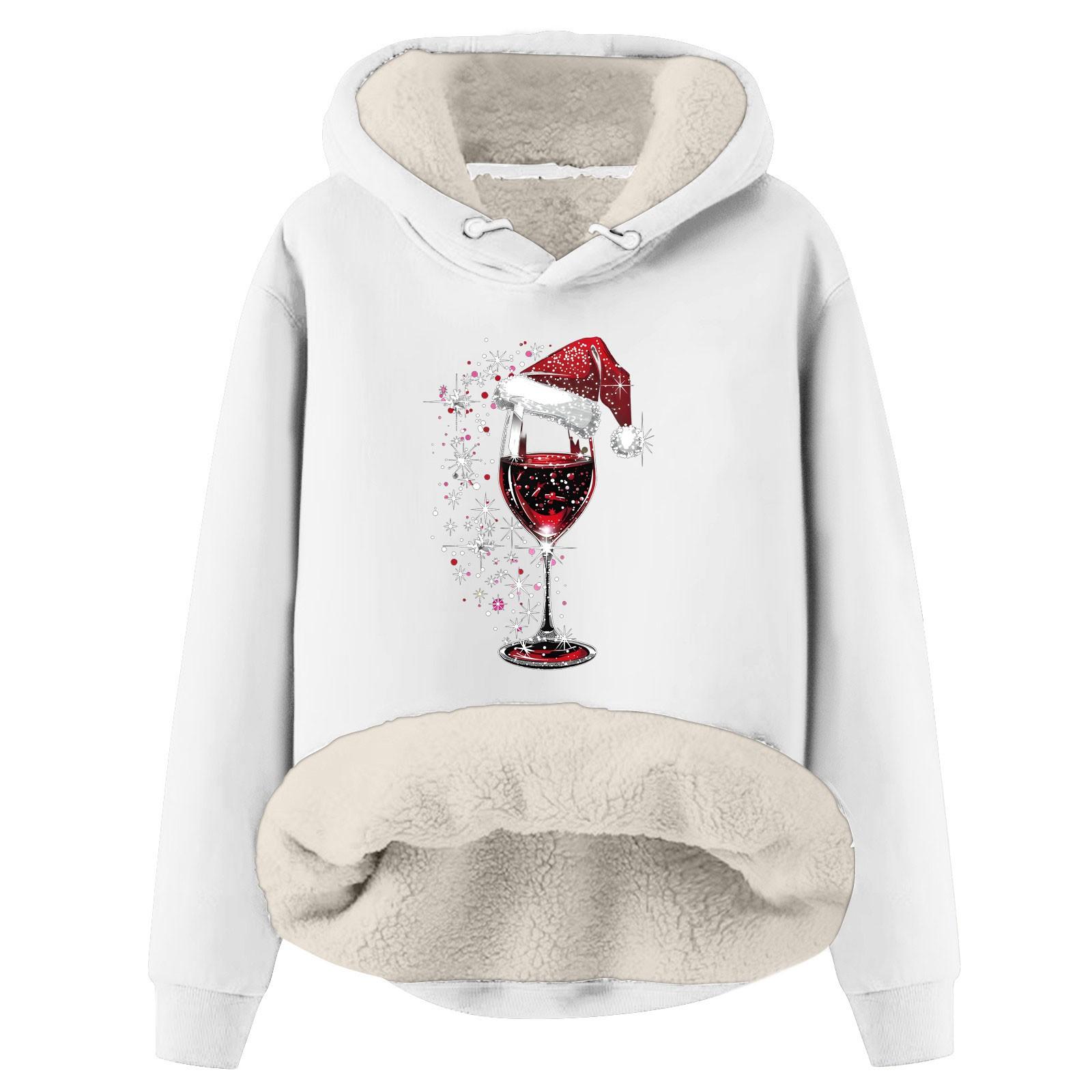 

Жіночий модний теплий вільний пуловер з різдвяним принтом і потовщеною підкладкою з капюшоном S