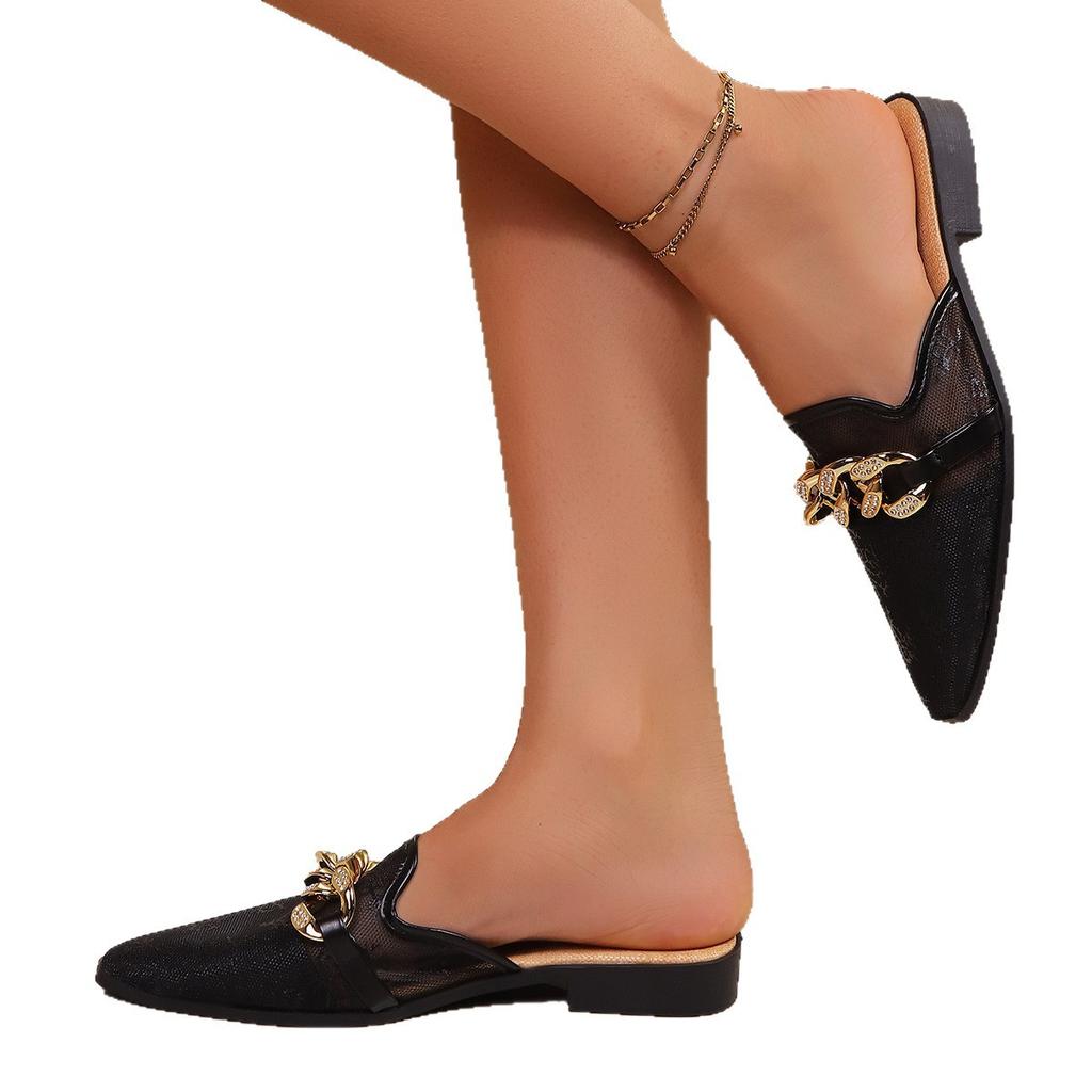 Baotou Halbschuhe Damen Sommer neu Mesh atmungsaktiv Outdoor Flachboden Metallkette ein Fuß kühl Hausschuhe