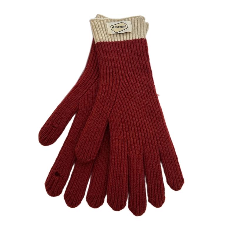 Womens Warm Knitted Full Finger Gloves Outdoor Riding Touchable Screen Colorblock Letters Label Decor Thermal Mittens