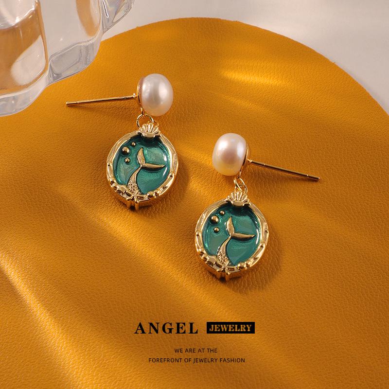 Elegant French Retro Mermaid Drip Oil Earrings: Non-Fading, Double-Sided, Color Block Dangling Jewelry for Women