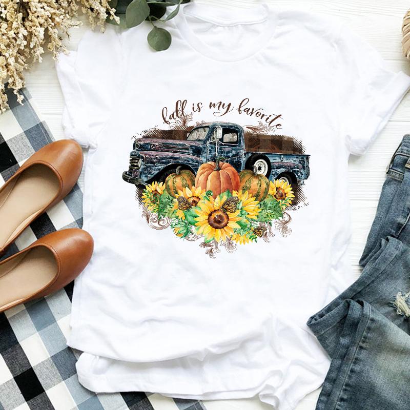 Women Lady Floral Truck Pumpkin Halloween Thanksgiving Print Womens Clothes Shirt T Tee For Tshirt Female