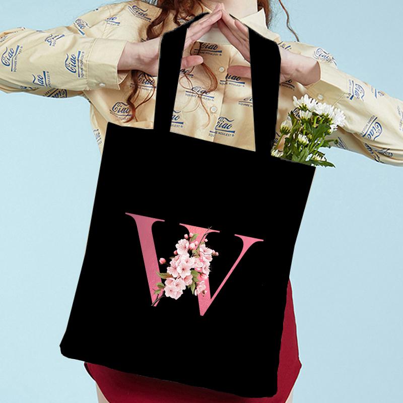 Pink Sakura Handbags Women Eco Reusable Tote Bag Cherry Blossom College Canvas Bag Vintage Sakura Alphabet Ladies Shoulder Bag