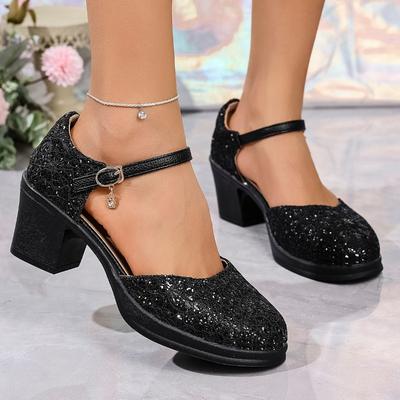 Fashion 2025 Ladies Shoes Plus Size Women's High Heels Trendy Black Glitter Ankle Buckle Strap Elegant Chunky Heels Shoes for Women
