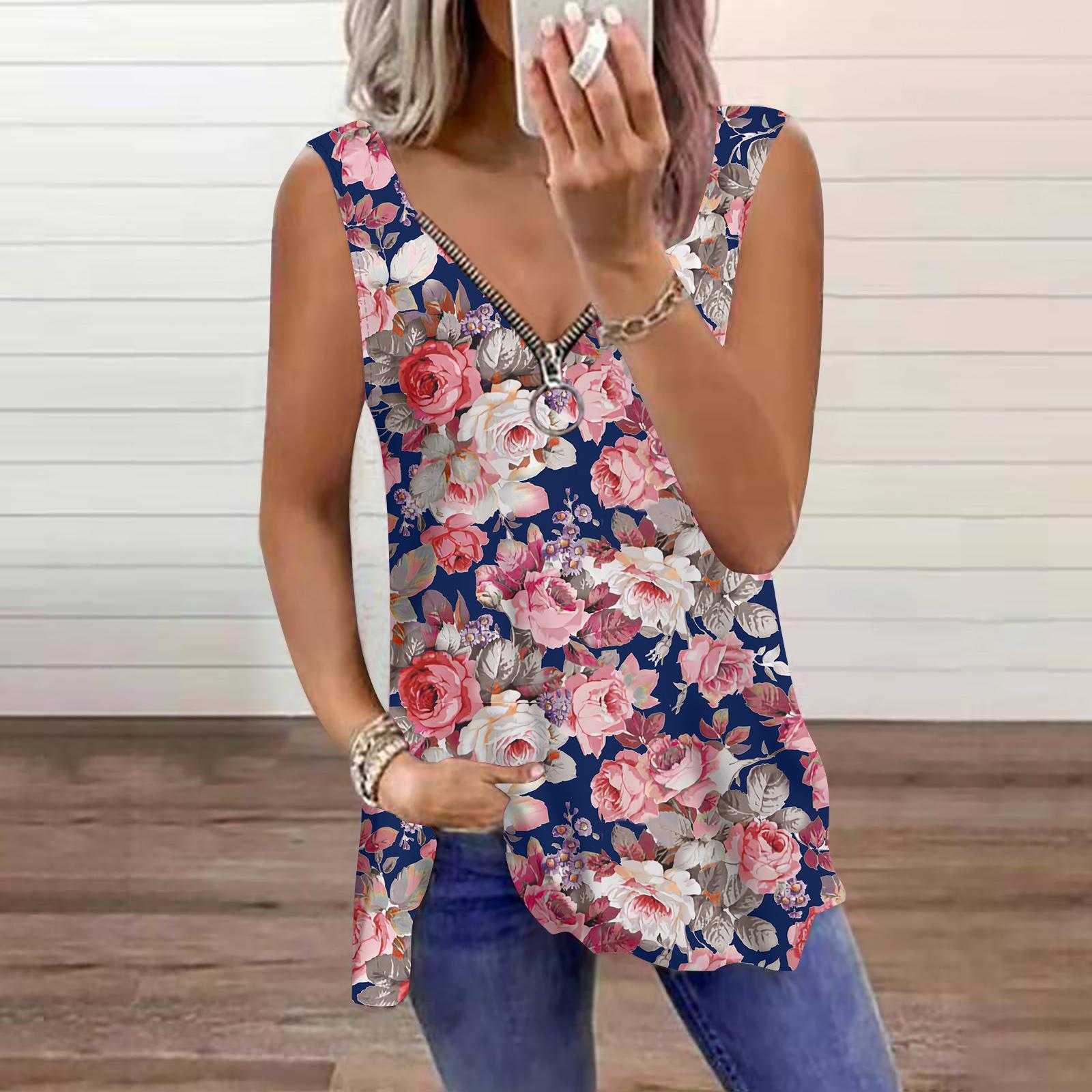 

Женский топ Летний повседневный топ с принтом Rose Garden Plus Size без рукавов на молнии с V-образным вырезом и майкой 4XL темно-синий