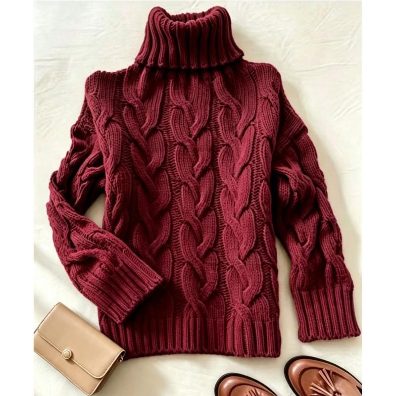 Womens High Neck Long Sleeve Knit Sweater With Twisted Cable Soft Acrylic Loose Fit Casual Fall Winter Fashion