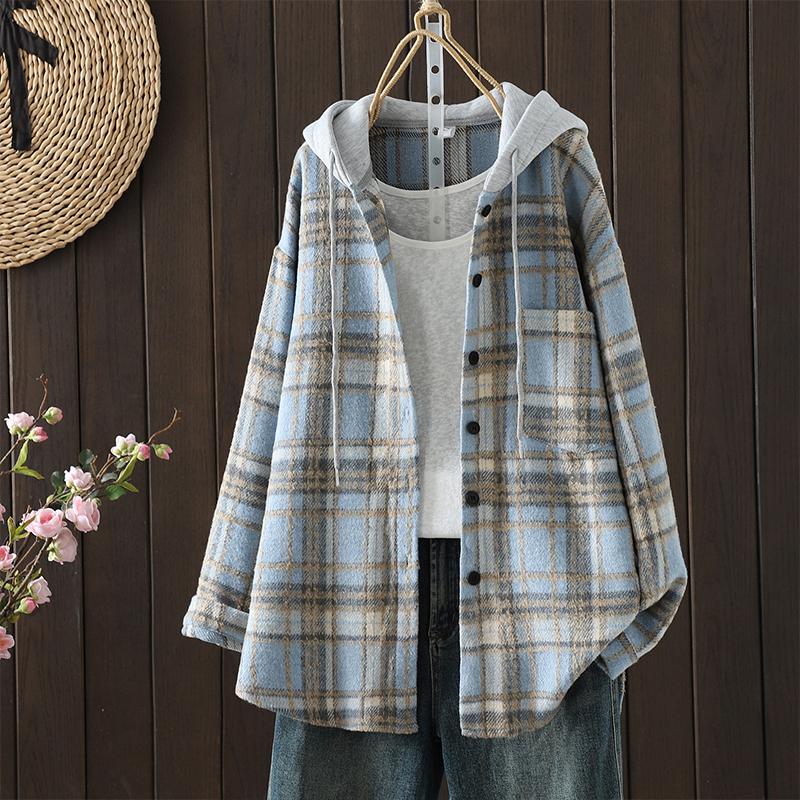 

DIMANAF 2025 Новые осенне-зимние женские пальто и куртки больших размеров с капюшоном, хлопковые, теплые, с длинным рукавом, свободные, повседневные, верхняя одежда, винтажная женская клетка one size синий